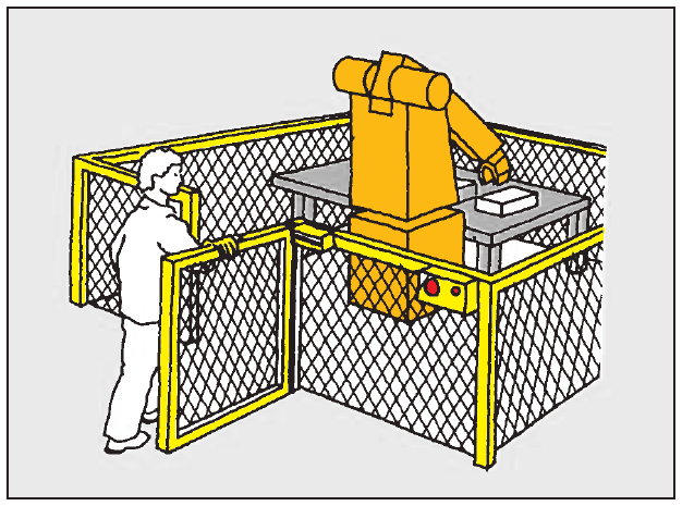 Illustration af sikkerhedsstop, hvor et signal fra en sikkerhedsanordning bevirker, at maskinen går i sikkert stop, når lågen åbnes.