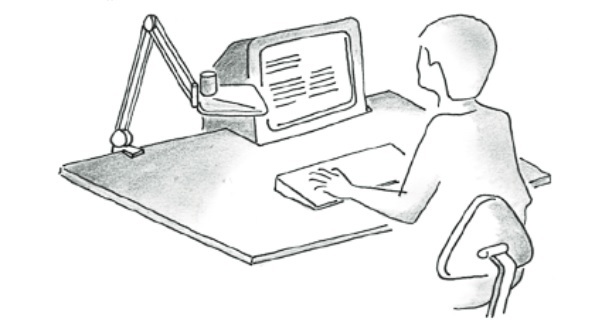 Tegning af mand ved skrivebord med computer og kunstig belysning fra en lampe