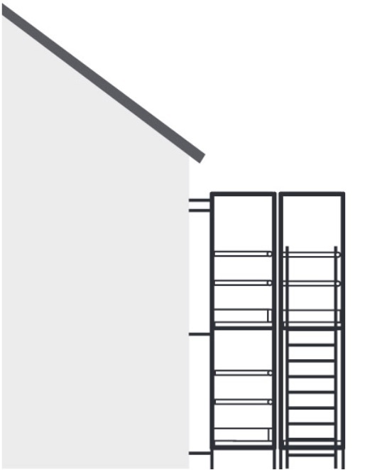 Tegning af rammestillads med separat opgangsfelt med trapper uden på stilladset