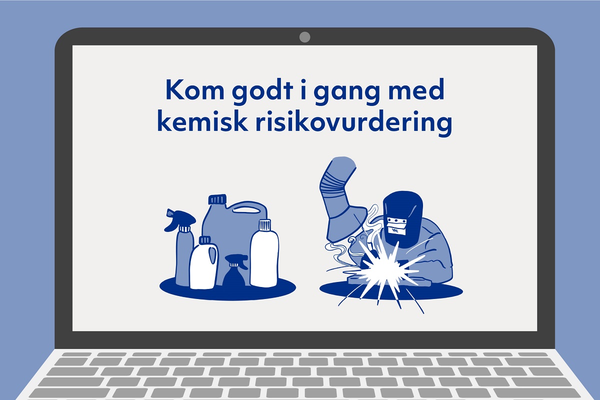 Illustration af computerskærm med teksten "kom godt i gang med kemisk risikovurdering"