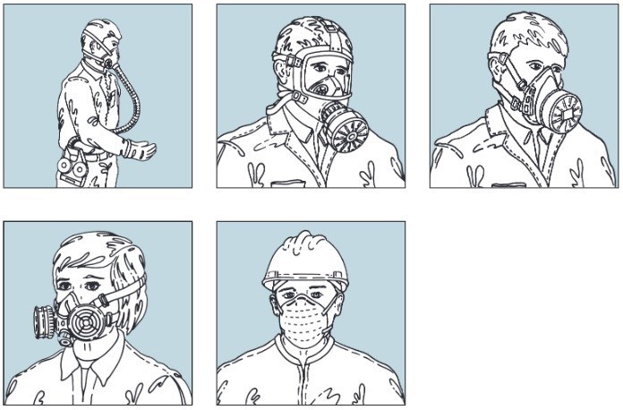 Fem tegninger af forskellige former for filtrerende åndedrætsværn