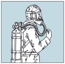 Tegning af luftforsynet åndedrætsværn med trykflaskeforsynet helmaske