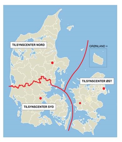 Kort over Danmark der viser hvor tilsynscentrene er placeret