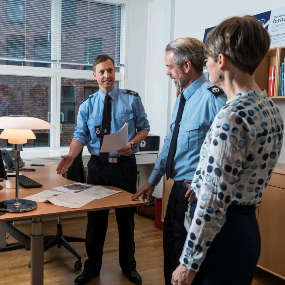  To mænd i blå skjorter fra Kriminalforsorgen står på kontor med kvinde og snakker sammen.
