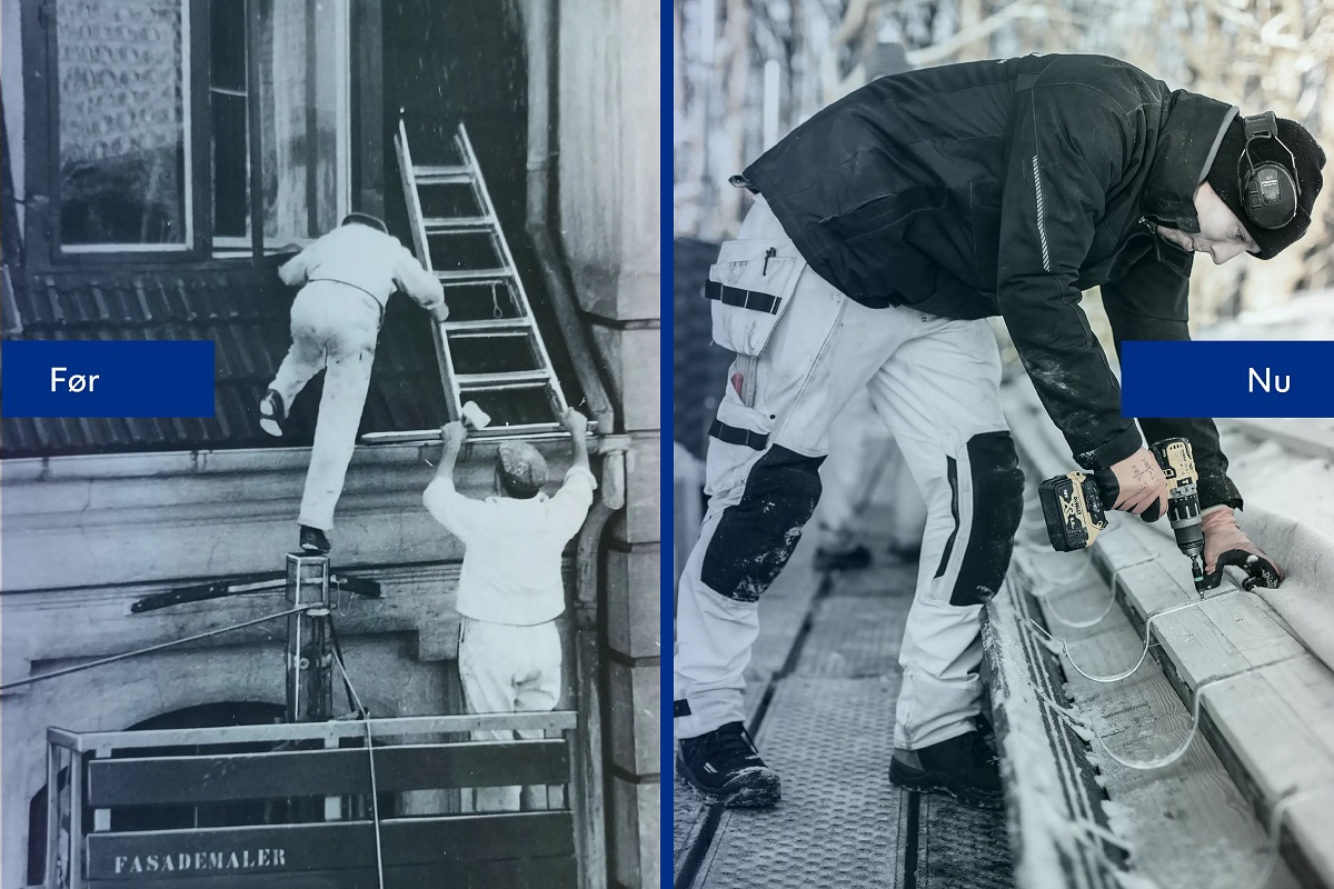 Før og nu billeder af tagarbejde. Før billedet er to mænd der arbejder usikker på et tag. Nu billedet er en mand der arbejder på et tag, stående på et stillads.