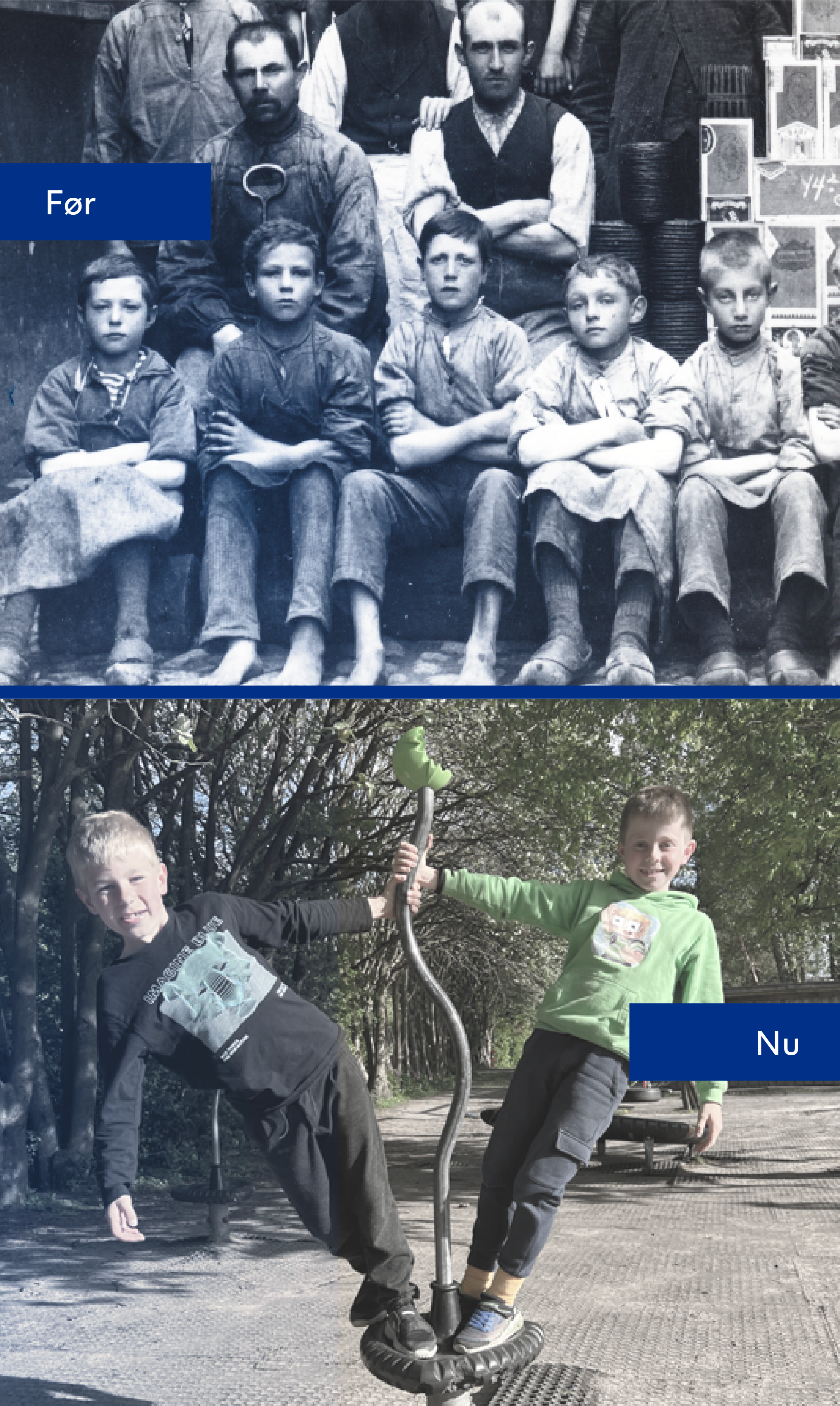 Før og efter billede. Før billedet viser en gruppe børn der har arbejdet på en fabrik i 1800-tallet. Nu billedet viser to drenge på en legeplads.