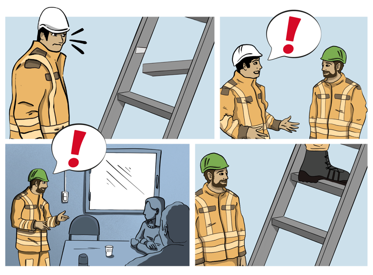 Tegneserie der viser en mand der opdager et knækket trin på en stige, siger det til sin arbejdsleder. Arbejdslederen tager sagen op med ledelsen og får fikset problemet.
